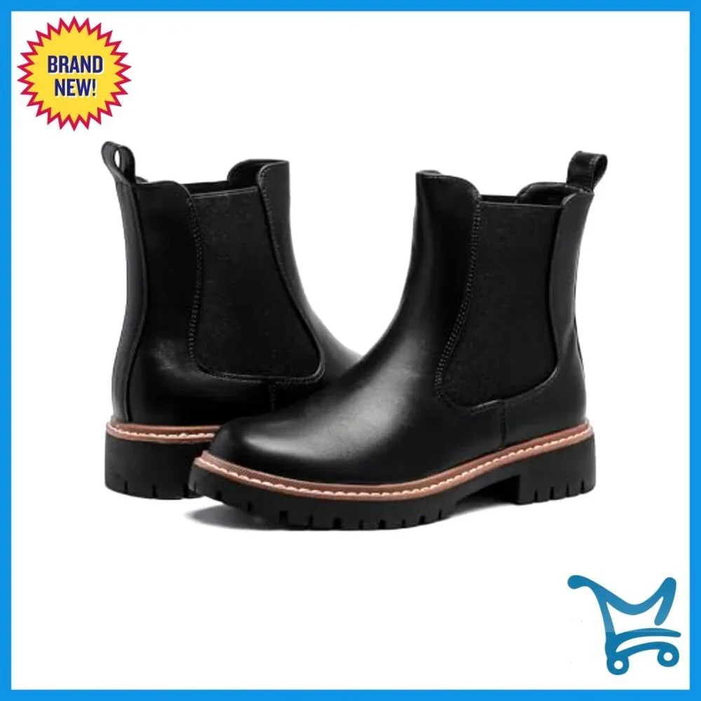Women's Chelsea Ankle Boots with Lug Sole, Waterproof Faux Leather